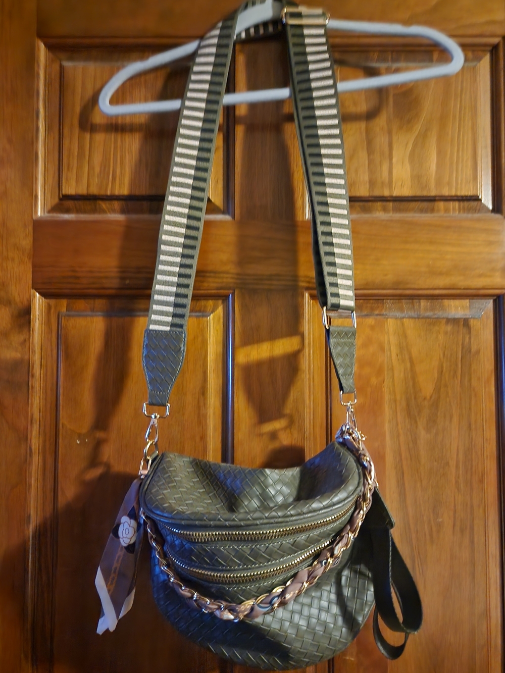 Emmafy Olive Woven Bum Bag Belt Bag Crossbody Gold Hardware and accent chain